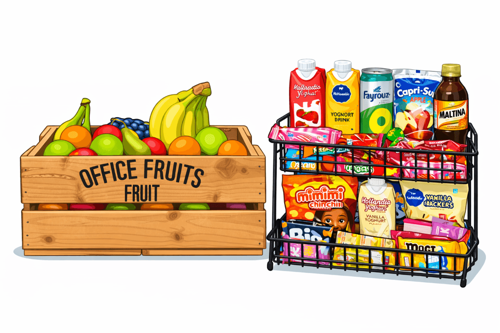 Premium office fruit crate and stocked snack rack